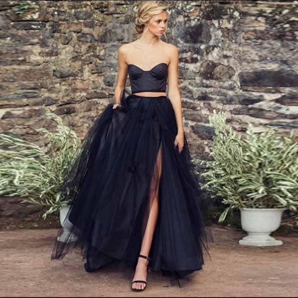 Long Black Tulle High Slit Skirt XS